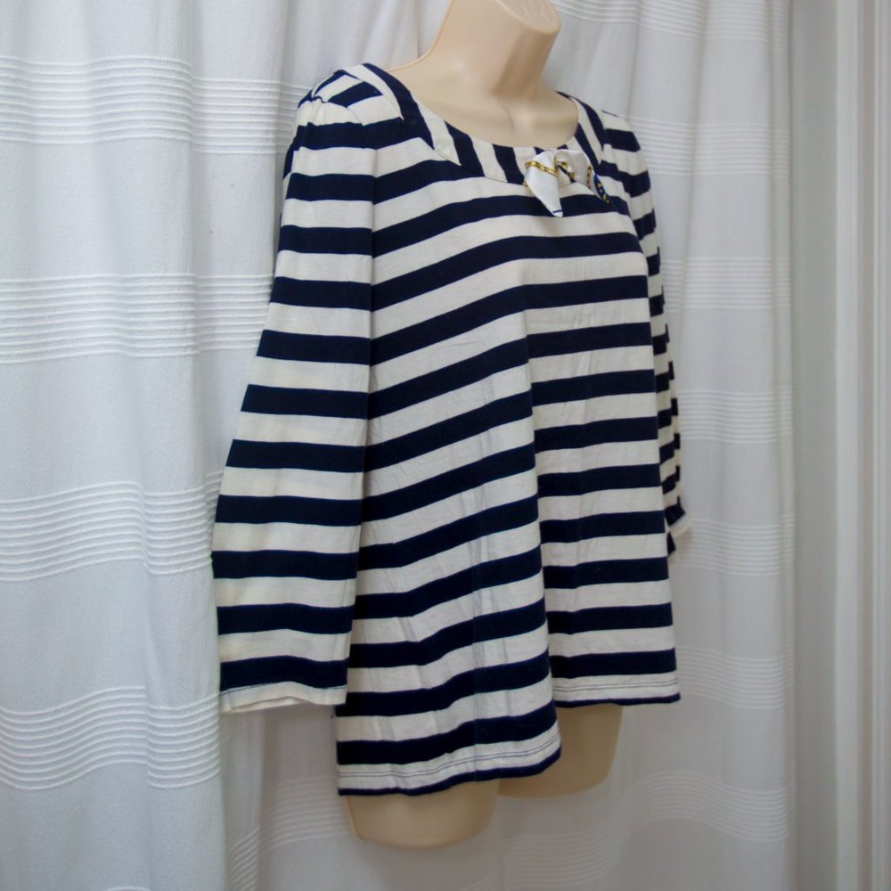 Talbots Navy & White Striped 100% Pima Cotton Top w. Satin Bow Detail